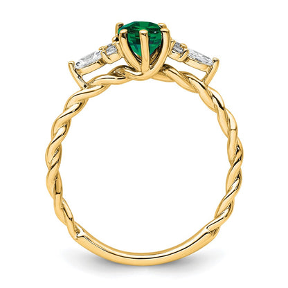 14K Yellow Gold Diamond and 7x5 Oval May/Lab Created Emerald Size 7 Twisted Ring
