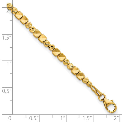 14K Yellow Gold Polished Diamond-cut and Square Beaded 7 Inch Bracelet