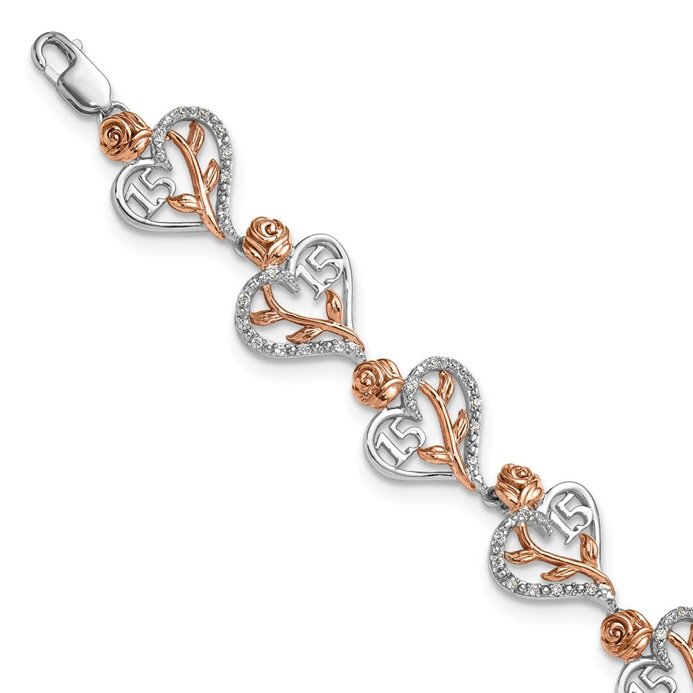 14K White and Rose Gold Complete 1/3 carat Diamond 15 and Rose Quinceanera Heart 7 Inch Bracelet
