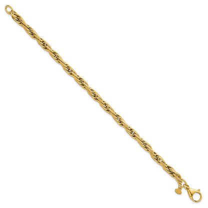 14K Yellow Gold Polished And Textured 4.5mm Flat Rope Chain 7.5 Inch Bracelet
