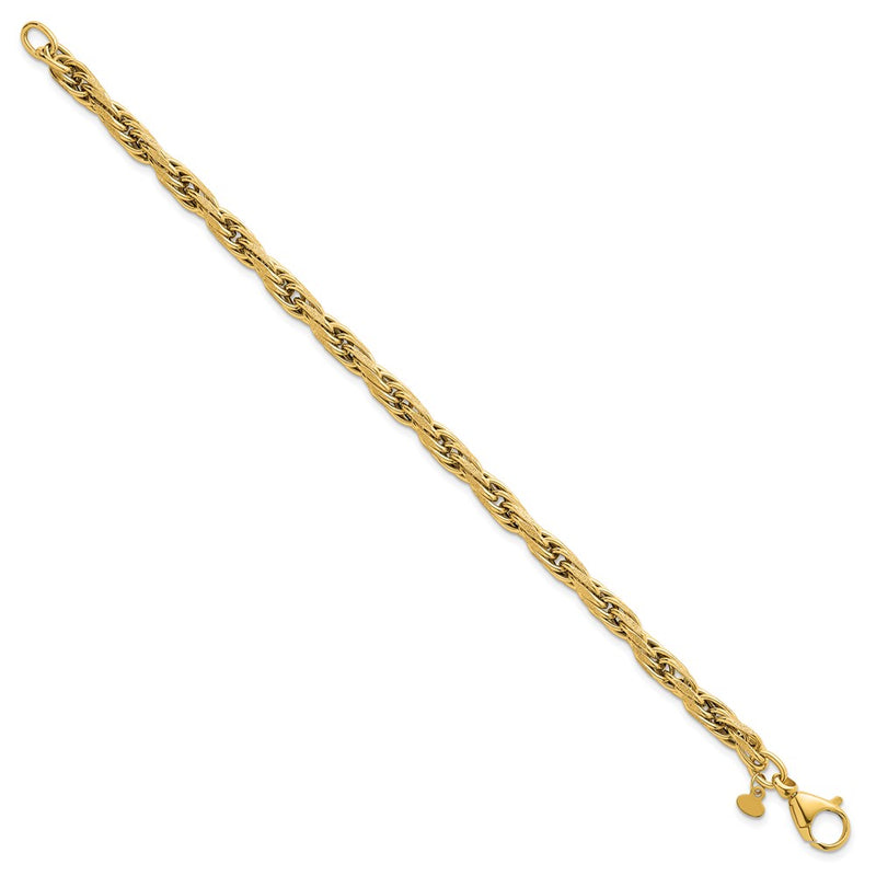 14K Yellow Gold Polished And Textured 4.5mm Flat Rope Chain 7.5 Inch Bracelet