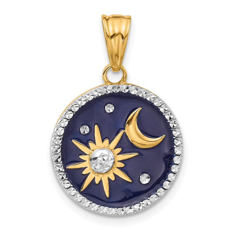 14K Yellow Gold and Rhodium Diamond-cut Blue Enameled Sun and Moon Pendant