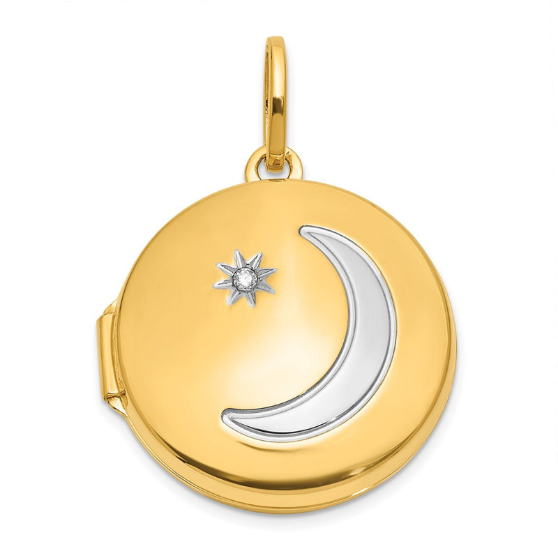 14K Yellow Gold with Rhodium Diamond Star and Moon 20mm Round Locket