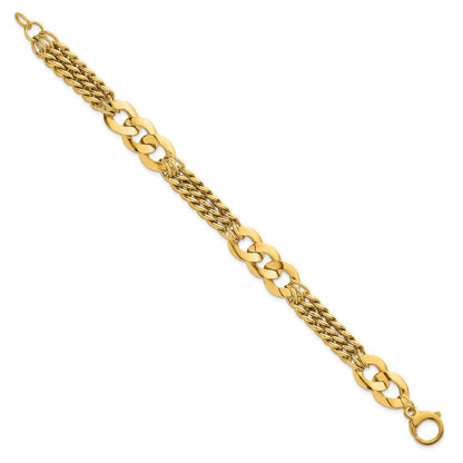 14K Yellow Gold Polished 11.1mm Lightweight Link and Triple Strand Fancy Curb Chain Bracelet