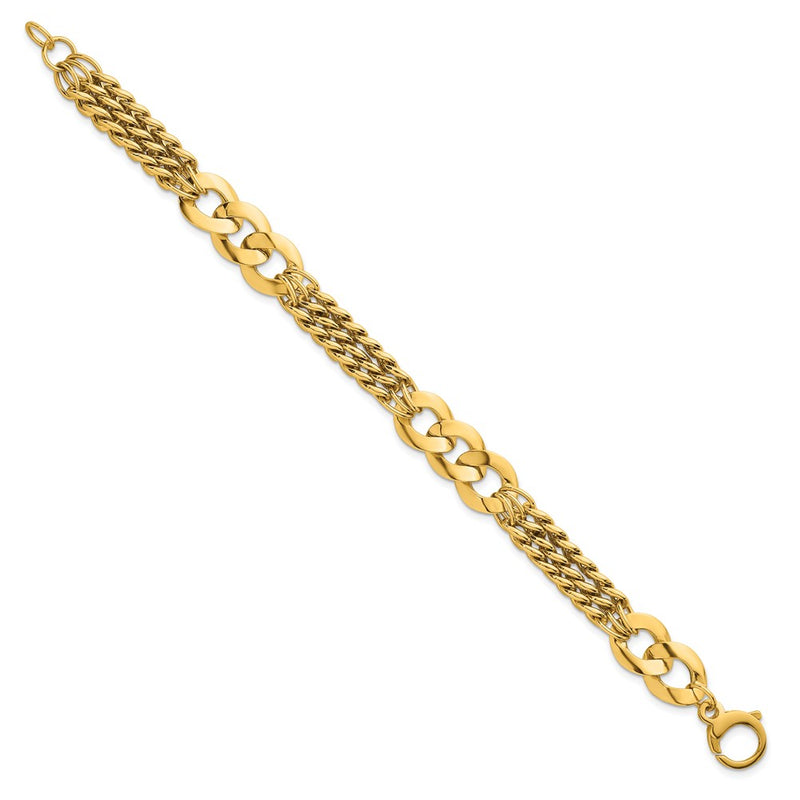 14K Yellow Gold Polished 11.1mm Lightweight Link and Triple Strand Fancy Curb Chain Bracelet