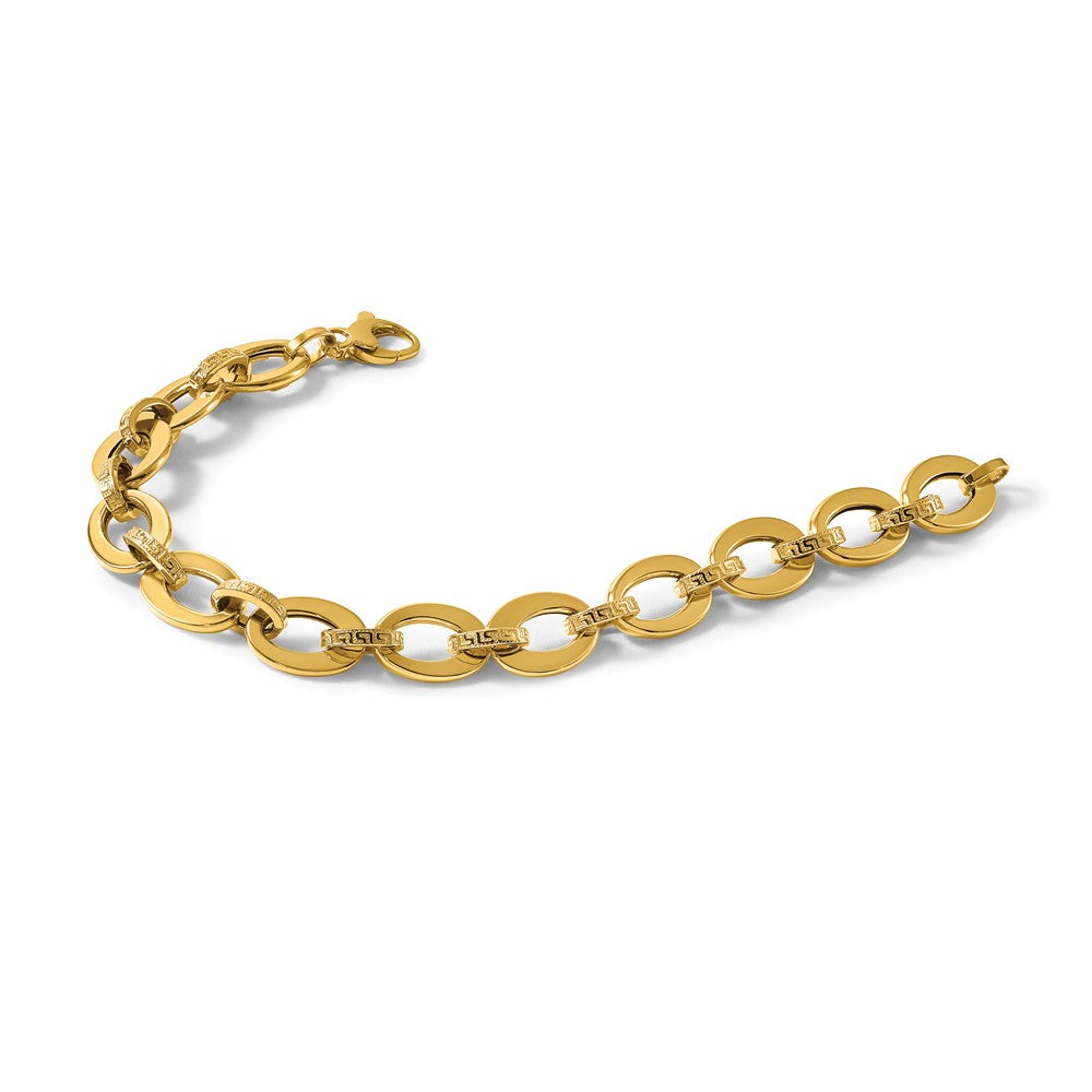 14K Yellow Gold Polished and Textured Greek Key Etched 10mm Fancy Oval Link 7.75 Inch Bracelet