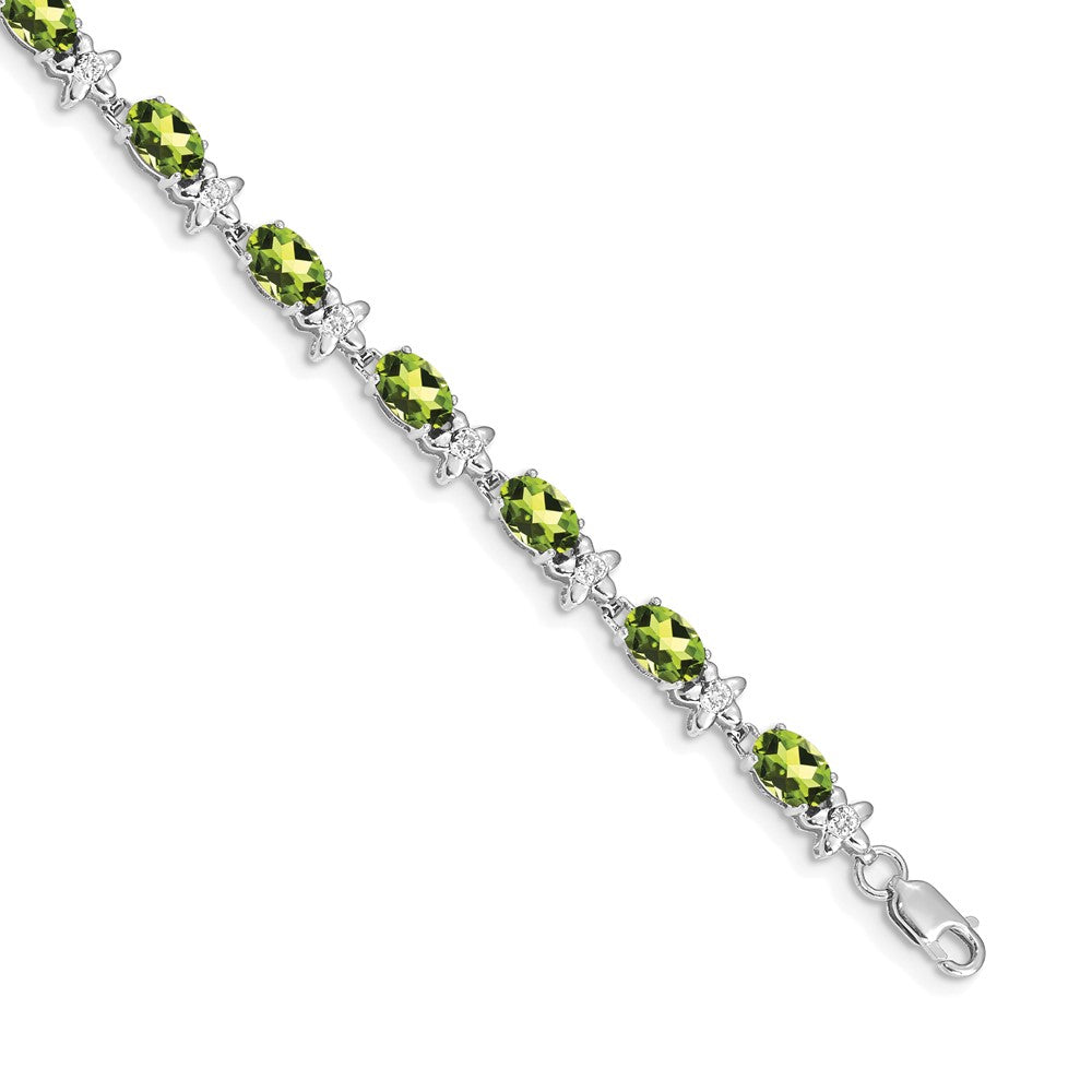 14K White Gold Complete Diamond and Oval Peridot Floral 7 Inch Bracelet