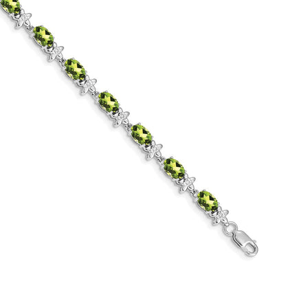 14K White Gold Complete Diamond and Oval Peridot Floral 7 Inch Bracelet