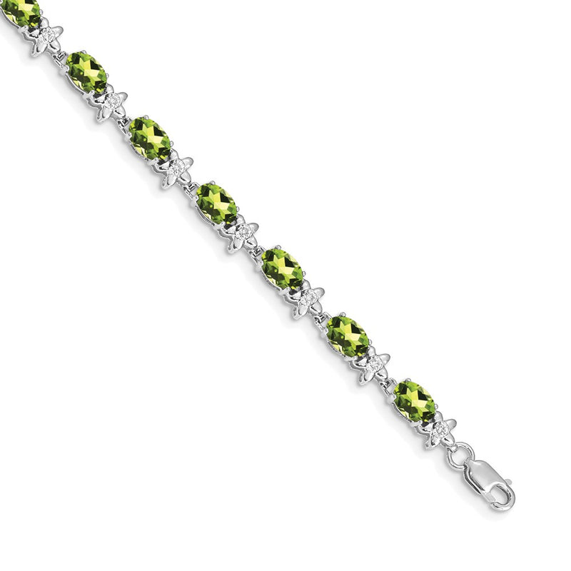 14K White Gold Complete Diamond and Oval Peridot Floral 7 Inch Bracelet