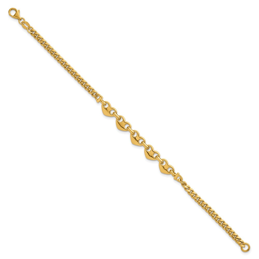 14K Yellow Gold Polished Five Hearts with Curb Link 7 Inch Bracelet