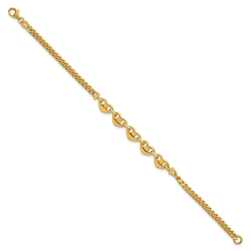 14K Yellow Gold Polished Five Hearts with Curb Link 7 Inch Bracelet