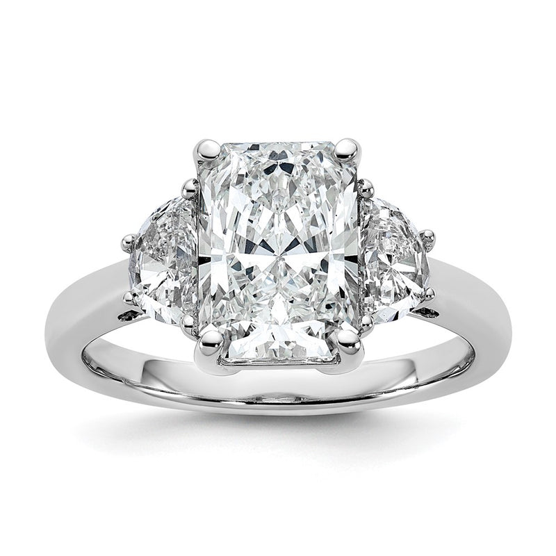 14K White Gold 5/8 carat Lab Grown Diamond VS+ F+ Half Moon 2 1/2 carat Radiant Center Semi Mount Engagement Ring