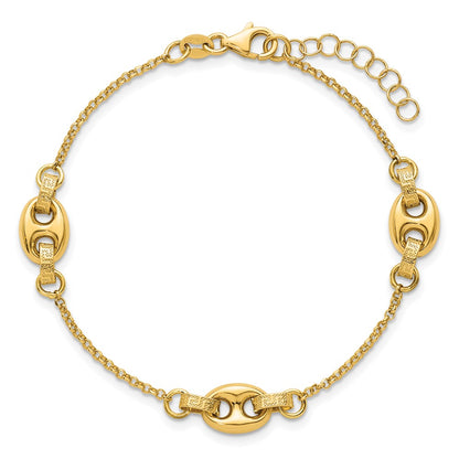 14K Yellow Gold Polished and Textured 10.6mm Greek Key Etched Link Chain Bracelet Plus Extender