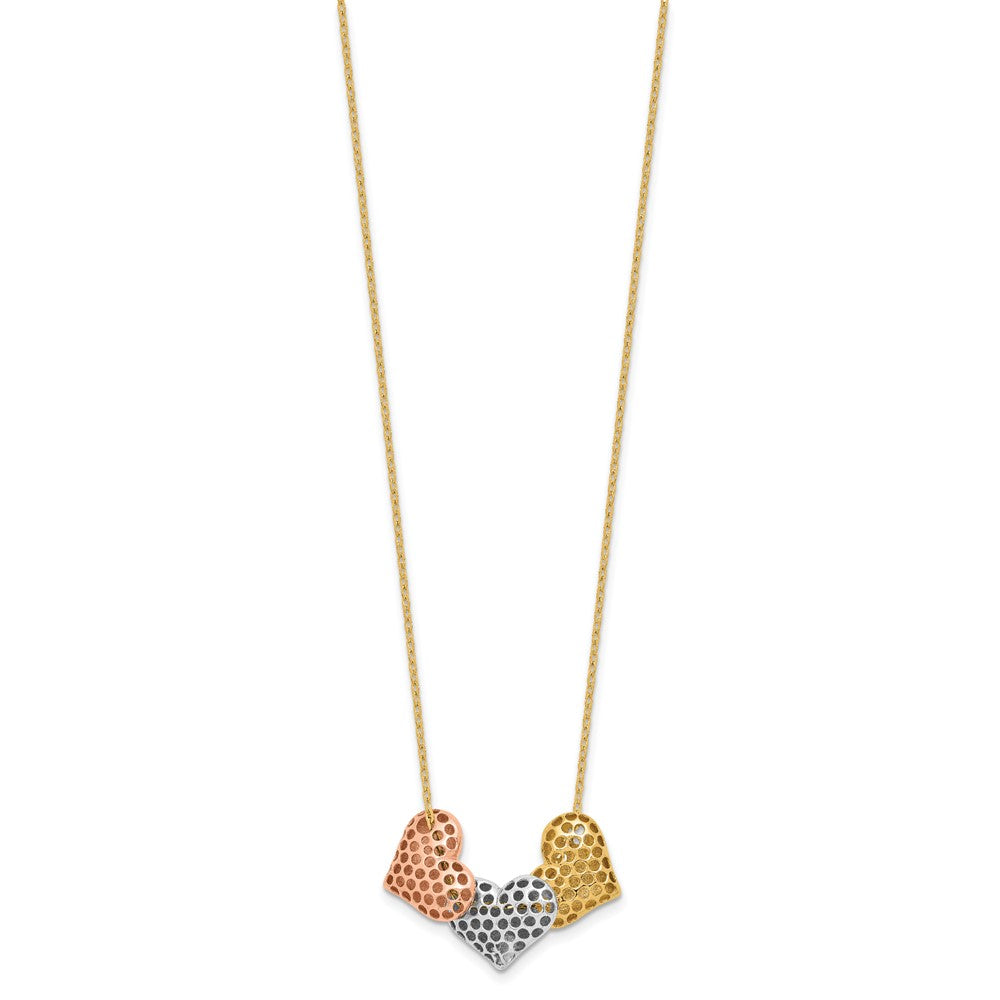 14K Tri-Color Gold Tri-color Polished Three Hearts 17 Inch Necklace Plus 1 Inch Extender