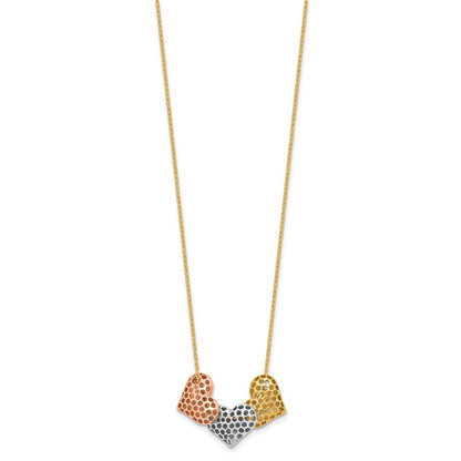 14K Tri-Color Gold Tri-color Polished Three Hearts 17 Inch Necklace Plus 1 Inch Extender