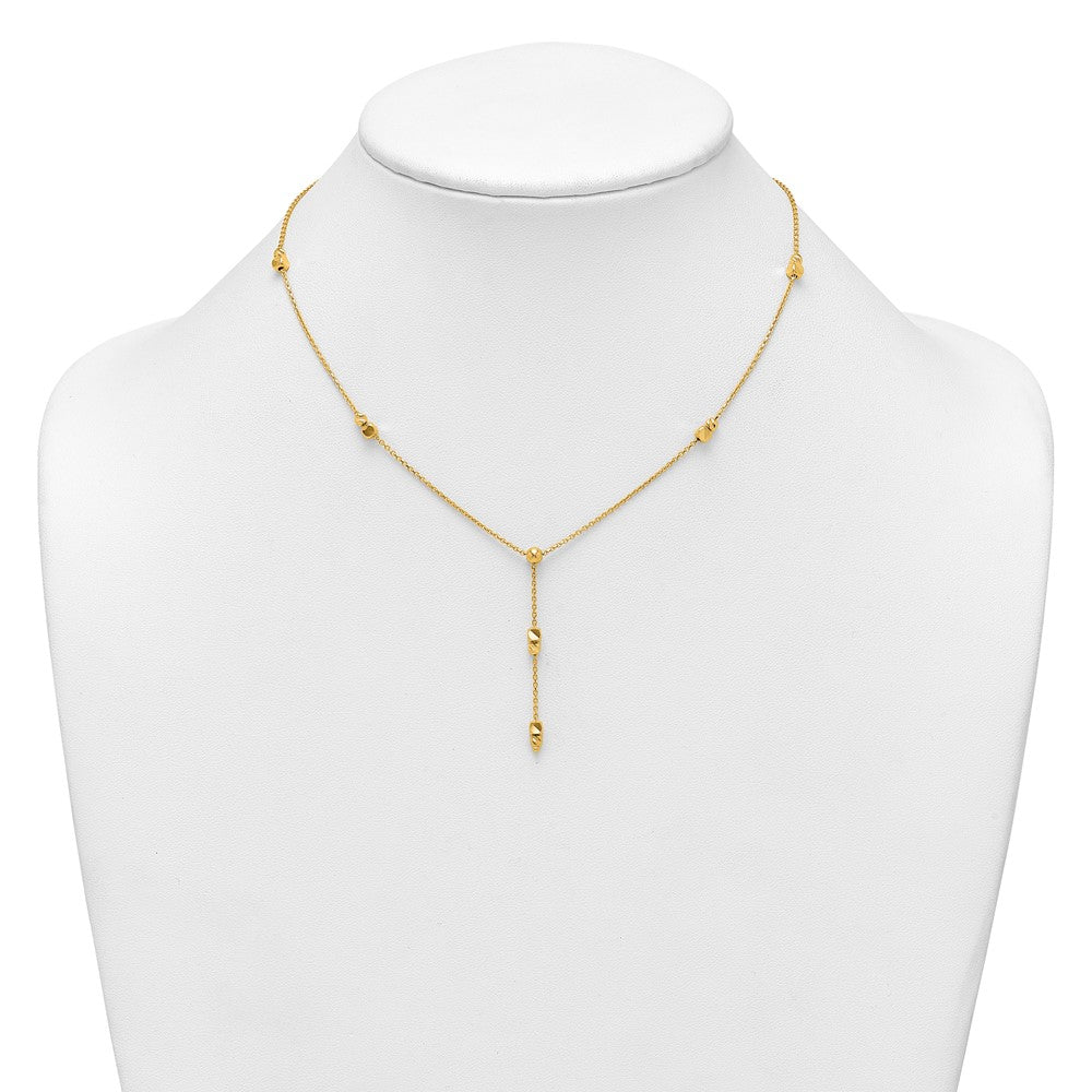 14K Yellow Gold Polished Diamond-cut and Beaded 16 Inch Lariat Necklace Plus 2 Inch Extender
