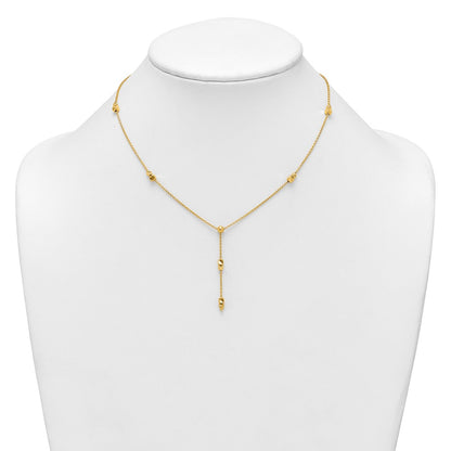 14K Yellow Gold Polished Diamond-cut and Beaded 16 Inch Lariat Necklace Plus 2 Inch Extender