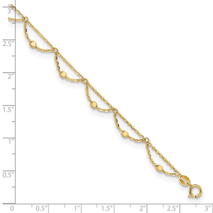 14K Yellow Gold Diamond-cut Fancy Beaded Plus Extender Total Chain Anklet