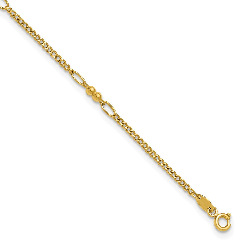 14K Yellow Gold Polished and Diamond-cut 5-Station Beaded Mixed Link Chain Anklet