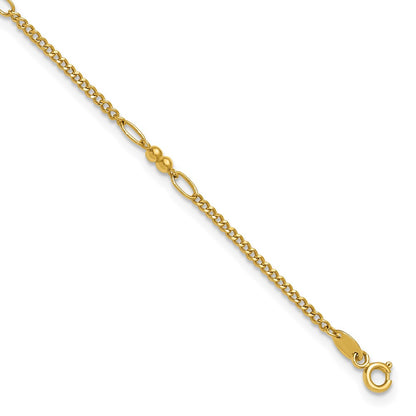 14K Yellow Gold Polished and Diamond-cut 5-Station Beaded Mixed Link Chain Anklet