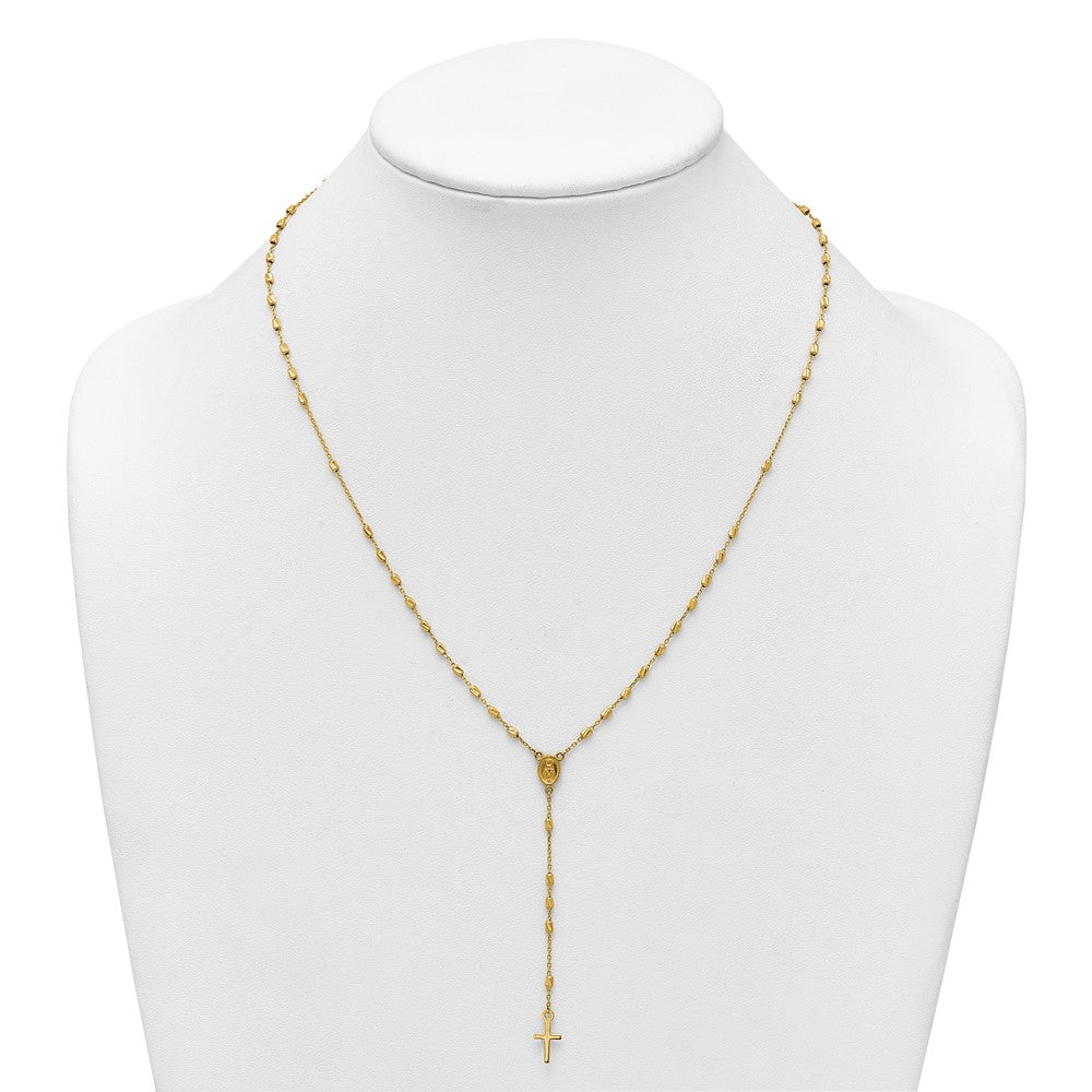 14K Yellow Gold Polished Cross and Miraculous Medal Diamond-cut Beaded 16.75 Inch Rosary Necklace with 2 Inch Extender