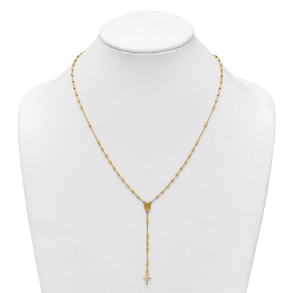 14K Yellow Gold Polished Cross and Miraculous Medal Diamond-cut Beaded 16.75 Inch Rosary Necklace with 2 Inch Extender