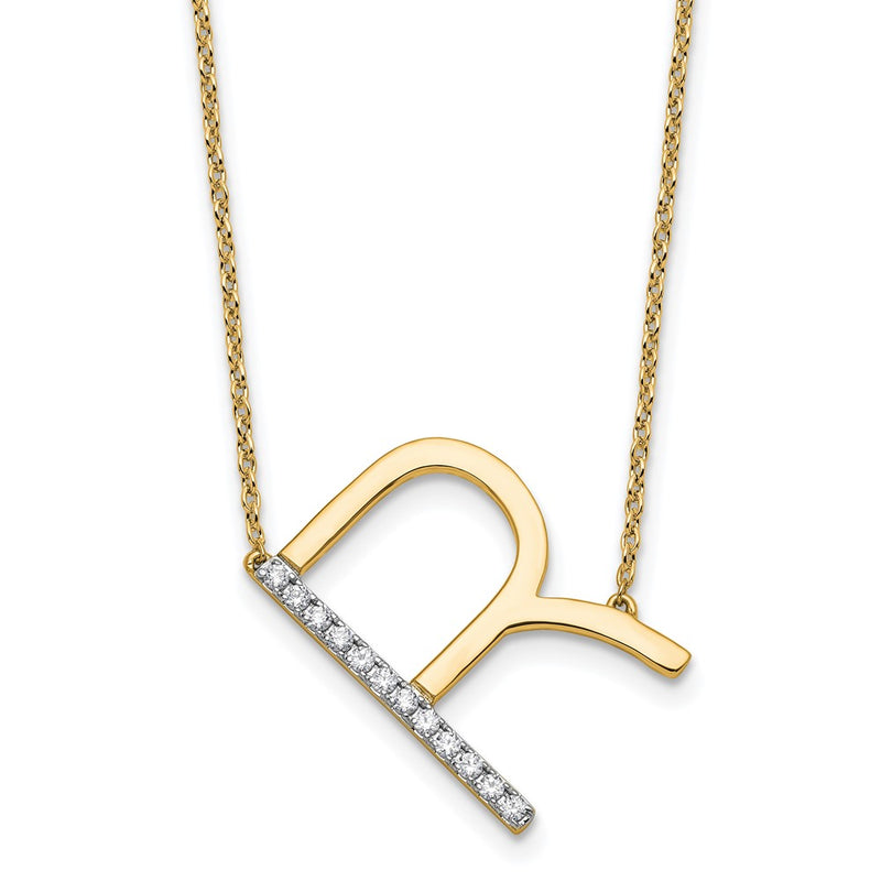 14K Yellow Gold Sideways Diamond Initial R 18 Inch Necklace