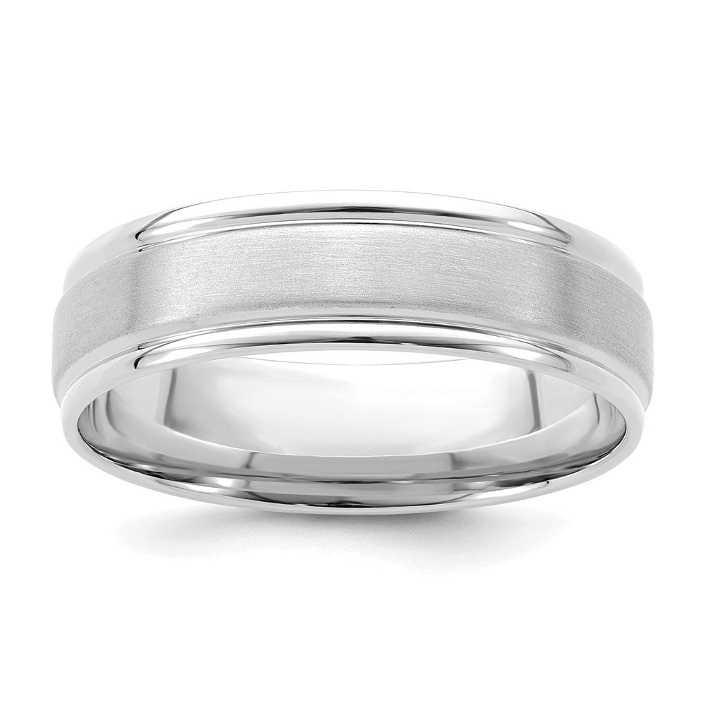 14K White Gold 6mm Heavyweight Comfort Fit Brushed Satin/Polished Grooved Edge Wedding Band Ring