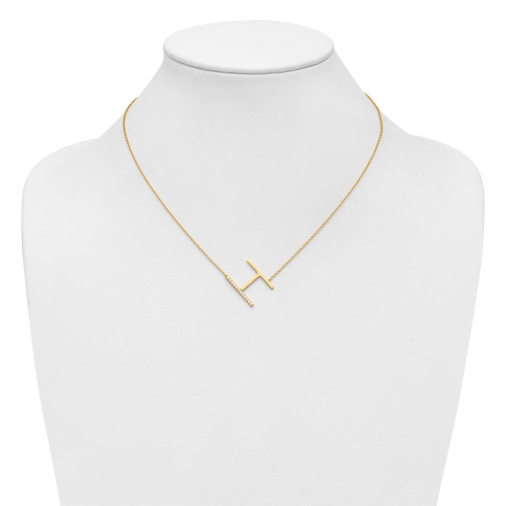 14K Yellow Gold Sideways Diamond Initial H 18 Inch Necklace