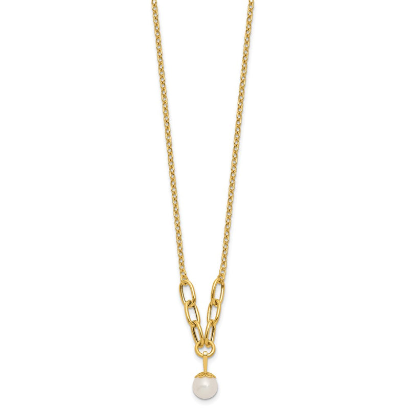 14K Yellow Gold Polished 8-9mm Near Round Freshwater Cultured Pearl Dangle 16.75 Inch Necklace