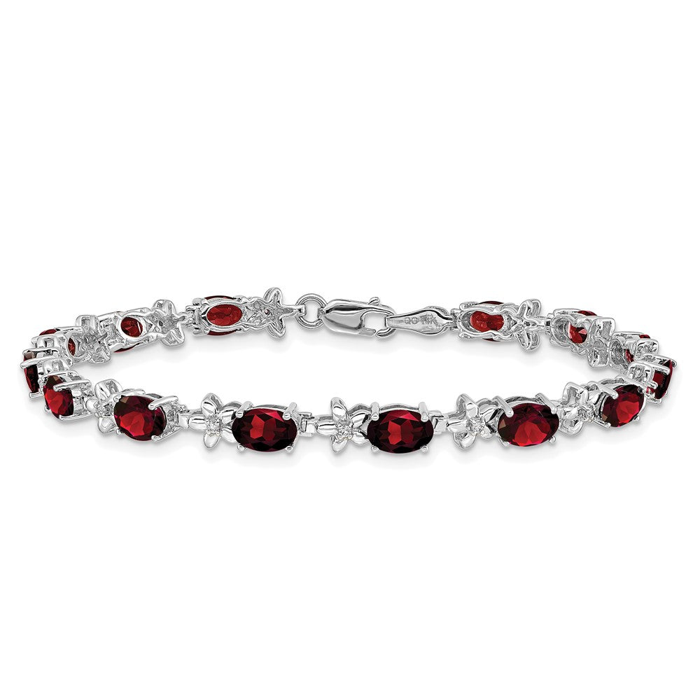 14K White Gold Complete Diamond and Oval Garnet Floral 7 Inch Bracelet