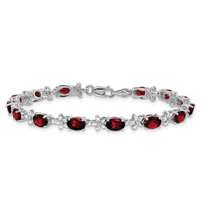 14K White Gold Complete Diamond and Oval Garnet Floral 7 Inch Bracelet