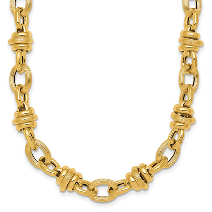 14K Yellow Gold Polished and Textured Round and Oval Fancy Chain 18 Inch Necklace