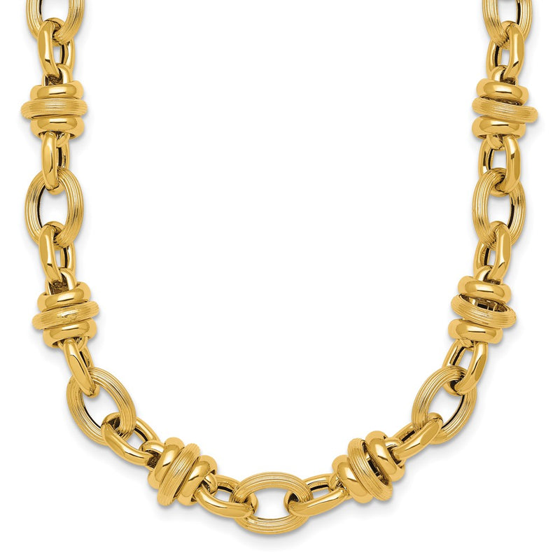 14K Yellow Gold Polished and Textured Round and Oval Fancy Chain 18 Inch Necklace