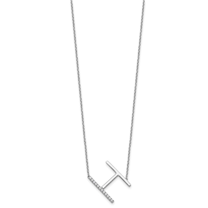 14K White Gold Sideways Diamond Initial H 18 Inch Necklace