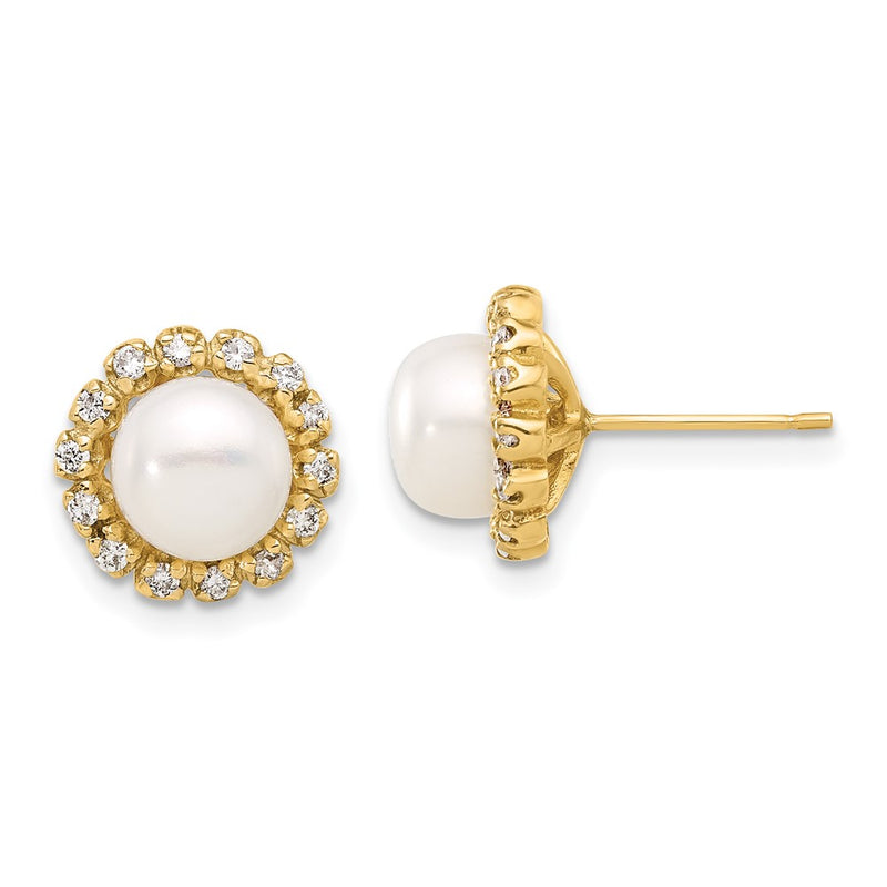 14K Yellow Gold 7-8mm Button Freshwater Cultured Pearl and .28 Carat Diamond Halo Post Earrings