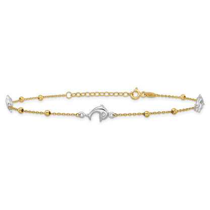 14K Two-Tone Gold Two-tone Beads and Three Dolphins 9 Inch Plus 1 Inch Extender - Total 10 Inch Anklet