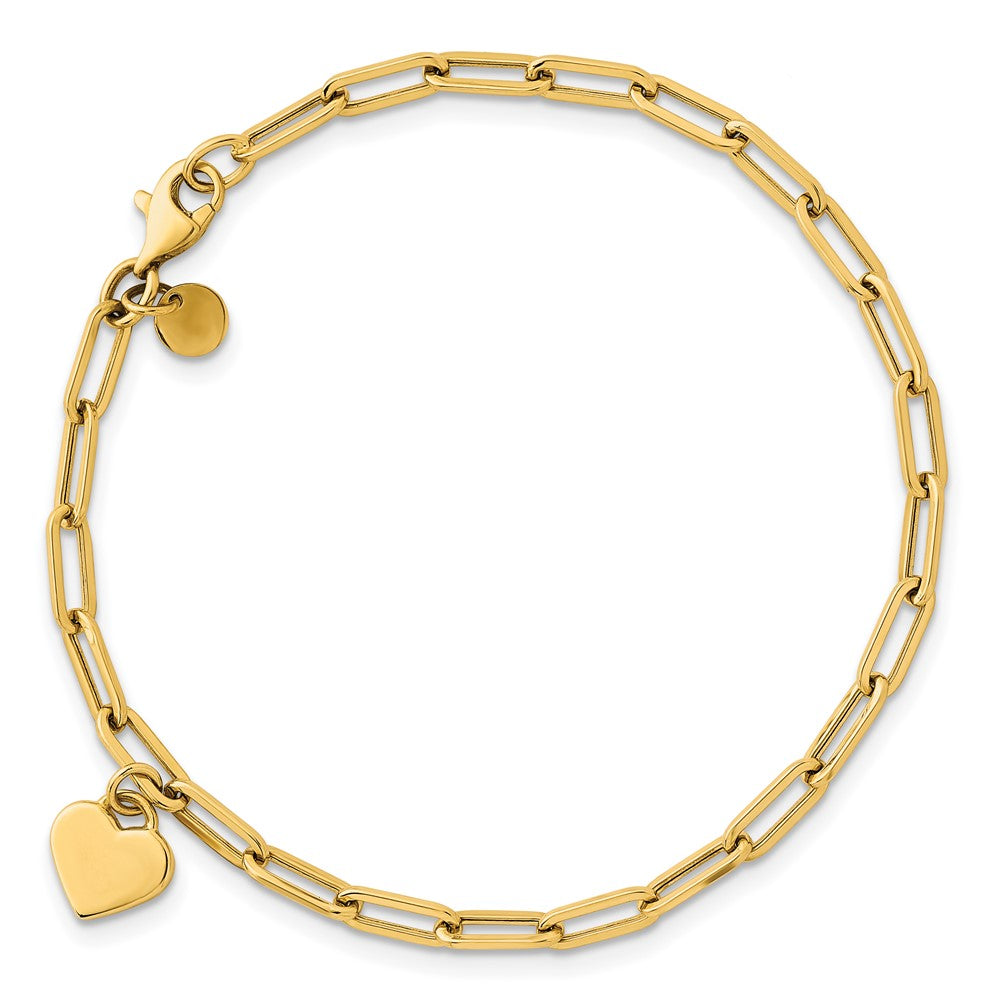 14K Yellow Gold Polished Flat Dangle 9mm Heart Paperclip Link 7.25 Inch Bracelet