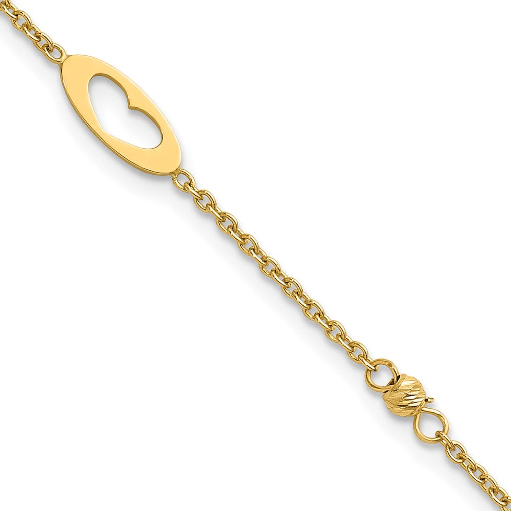 14K Yellow Gold Polished Cut-out Hearts and Diamond-cut Beads 7.5 Inch Bracelet