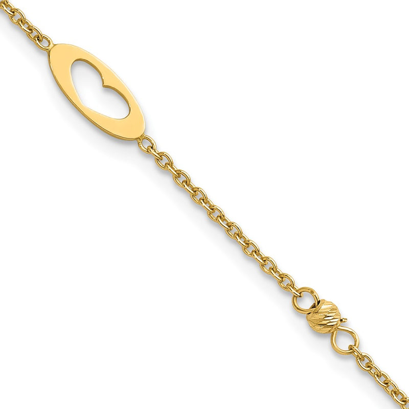 14K Yellow Gold Polished Cut-out Hearts and Diamond-cut Beads 7.5 Inch Bracelet