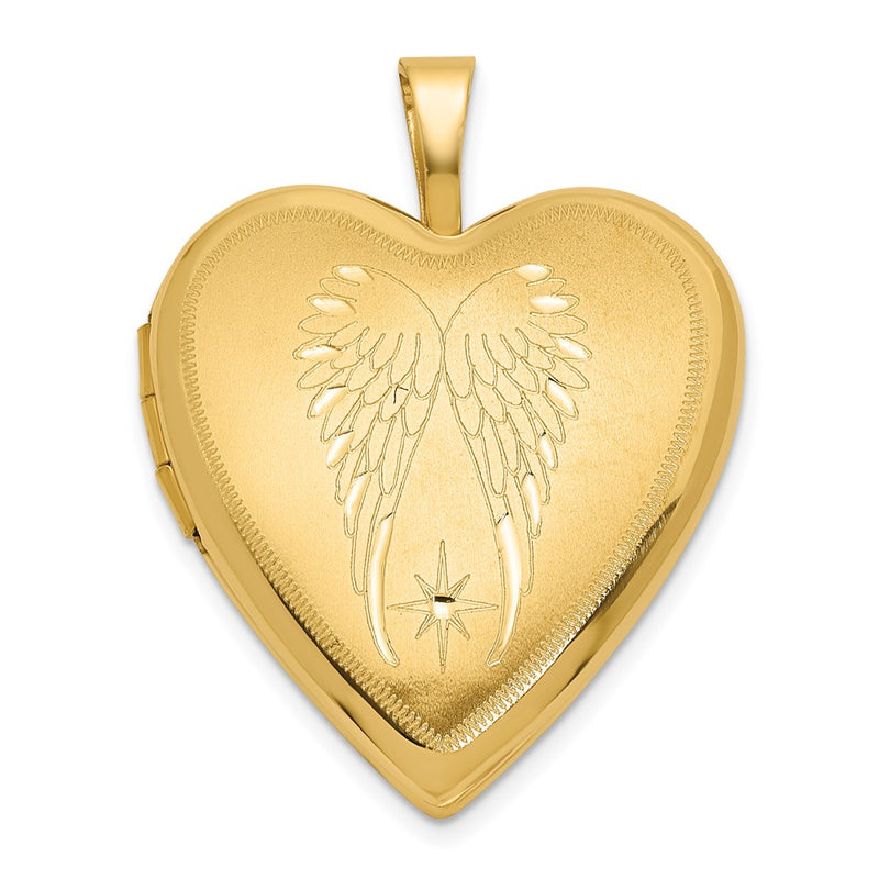 14K Yellow Gold Satin and Polished Angel Wings 20mm Heart Locket