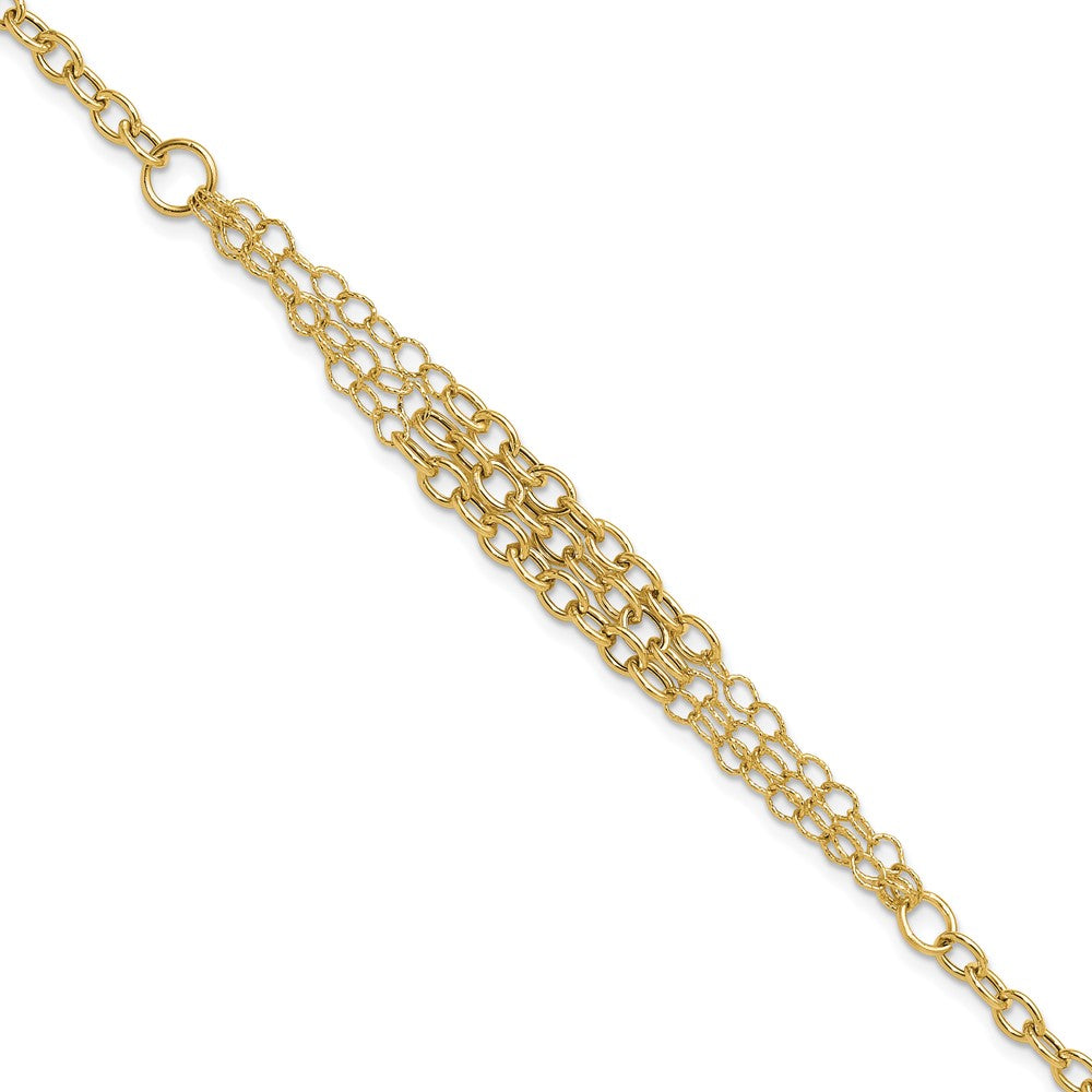 14K Yellow Gold Polished and Textured Fancy Cable with 3-Strand Center 7.5 Inch Bracelet Plus 0.5 Inch Extender