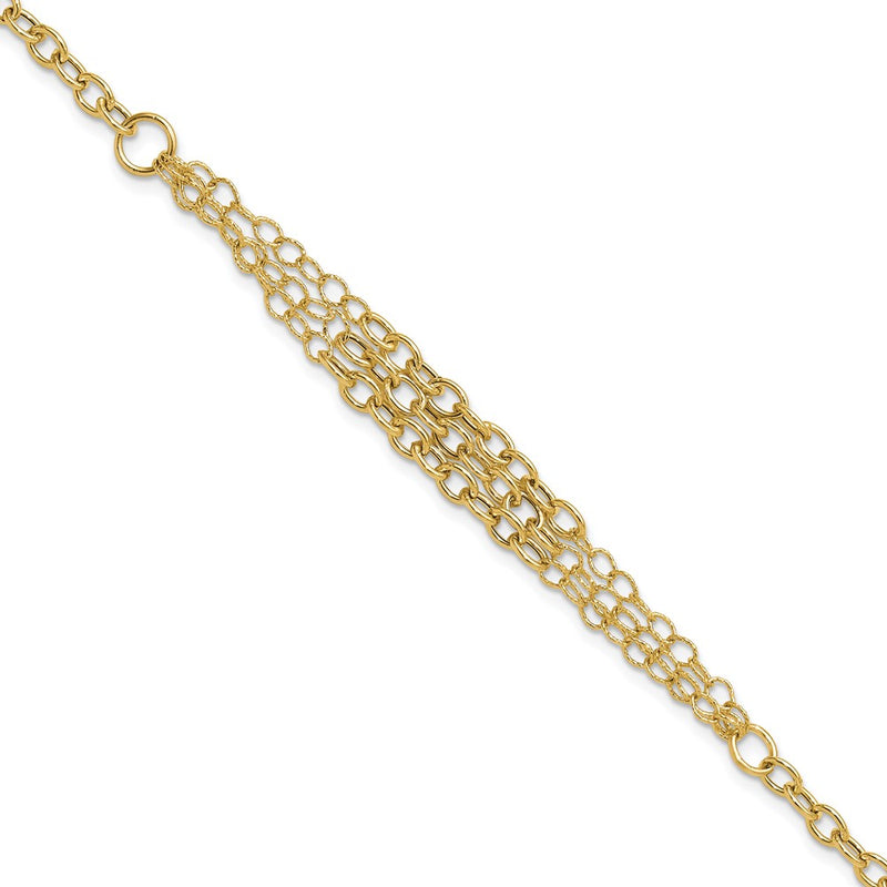 14K Yellow Gold Polished and Textured Fancy Cable with 3-Strand Center 7.5 Inch Bracelet Plus 0.5 Inch Extender