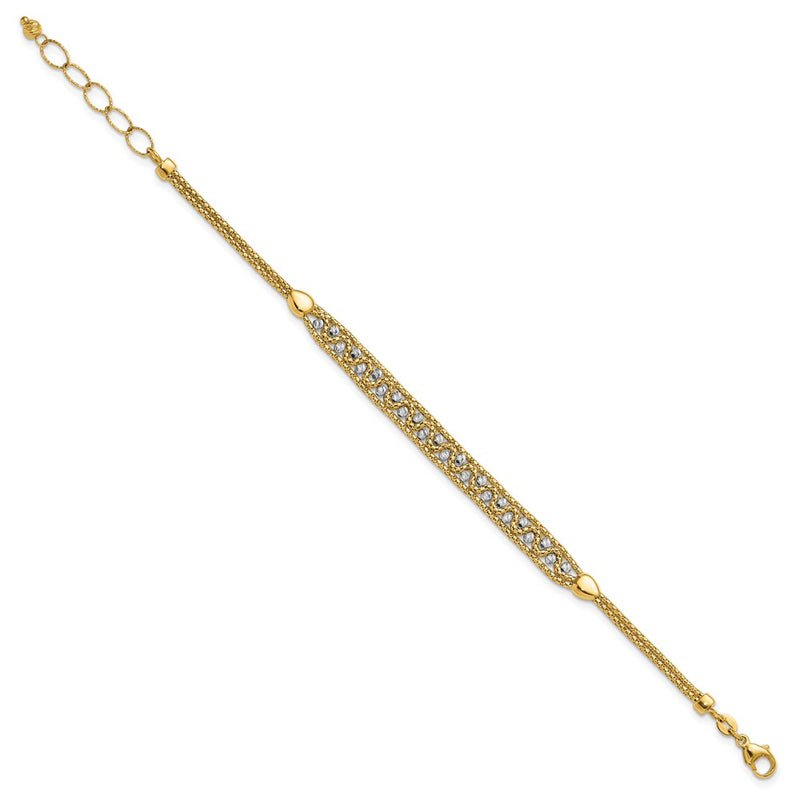 14K Two-Tone Gold Textured Diamond-cut 7mm Beaded Chain Bracelet Plus Extender