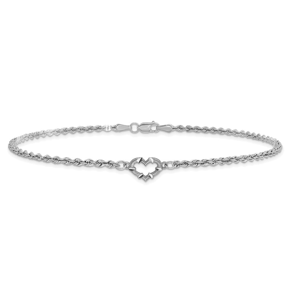 14K White Gold Diamond-cut Open Heart and Rope Chain Bracelet