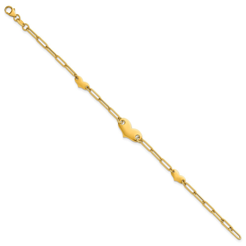 14K Yellow Gold Polished Paperclip Link With Three Hearts 7.5 Inch Bracelet