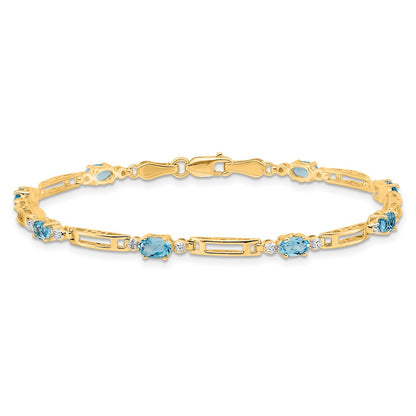 14K Yellow Gold Complete Diamond and Oval Swiss Blue Topaz Fancy Link 7 Inch Bracelet