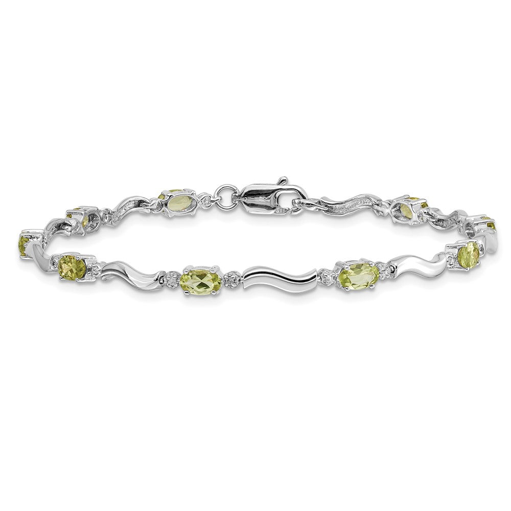 14K White Gold Complete Diamond and Oval Peridot Wavy Link 7 Inch Bracelet