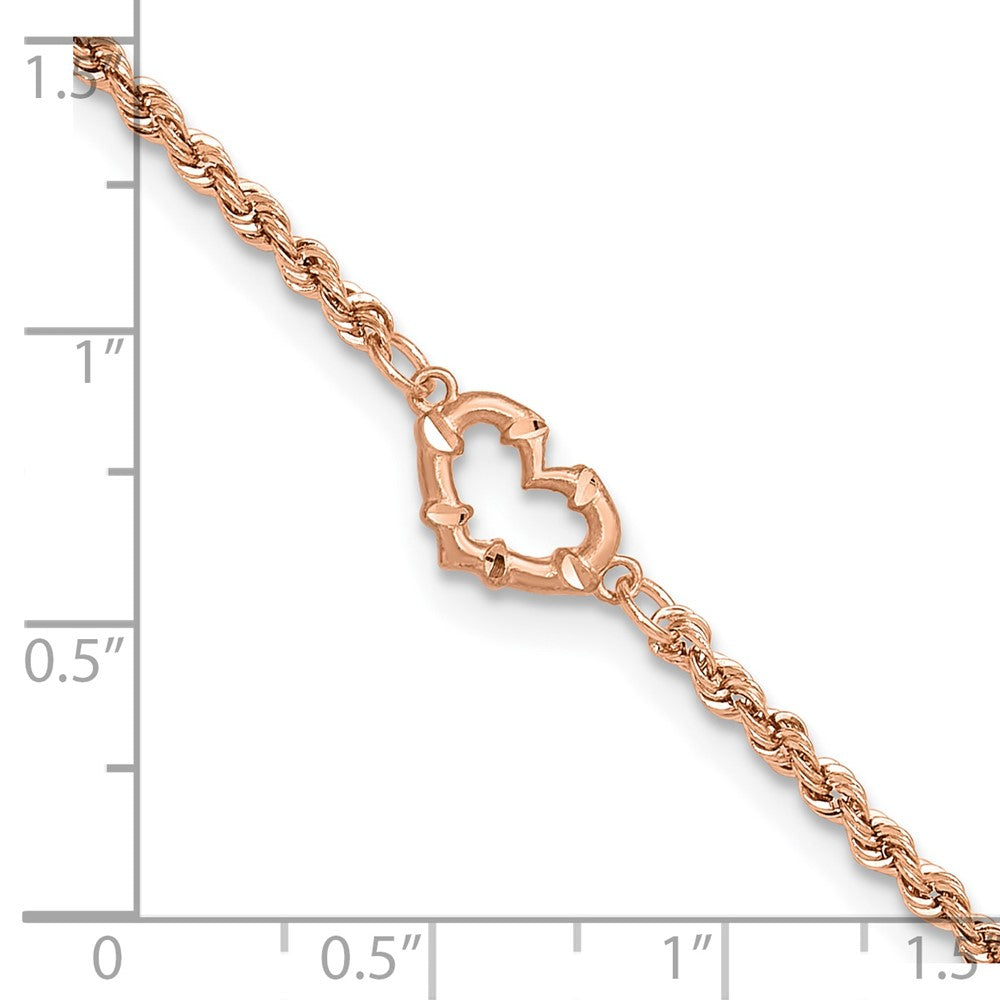 14K Rose Gold Diamond-cut Open Heart and Rope Chain Bracelet