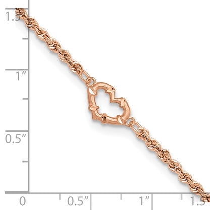 14K Rose Gold Diamond-cut Open Heart and Rope Chain Bracelet